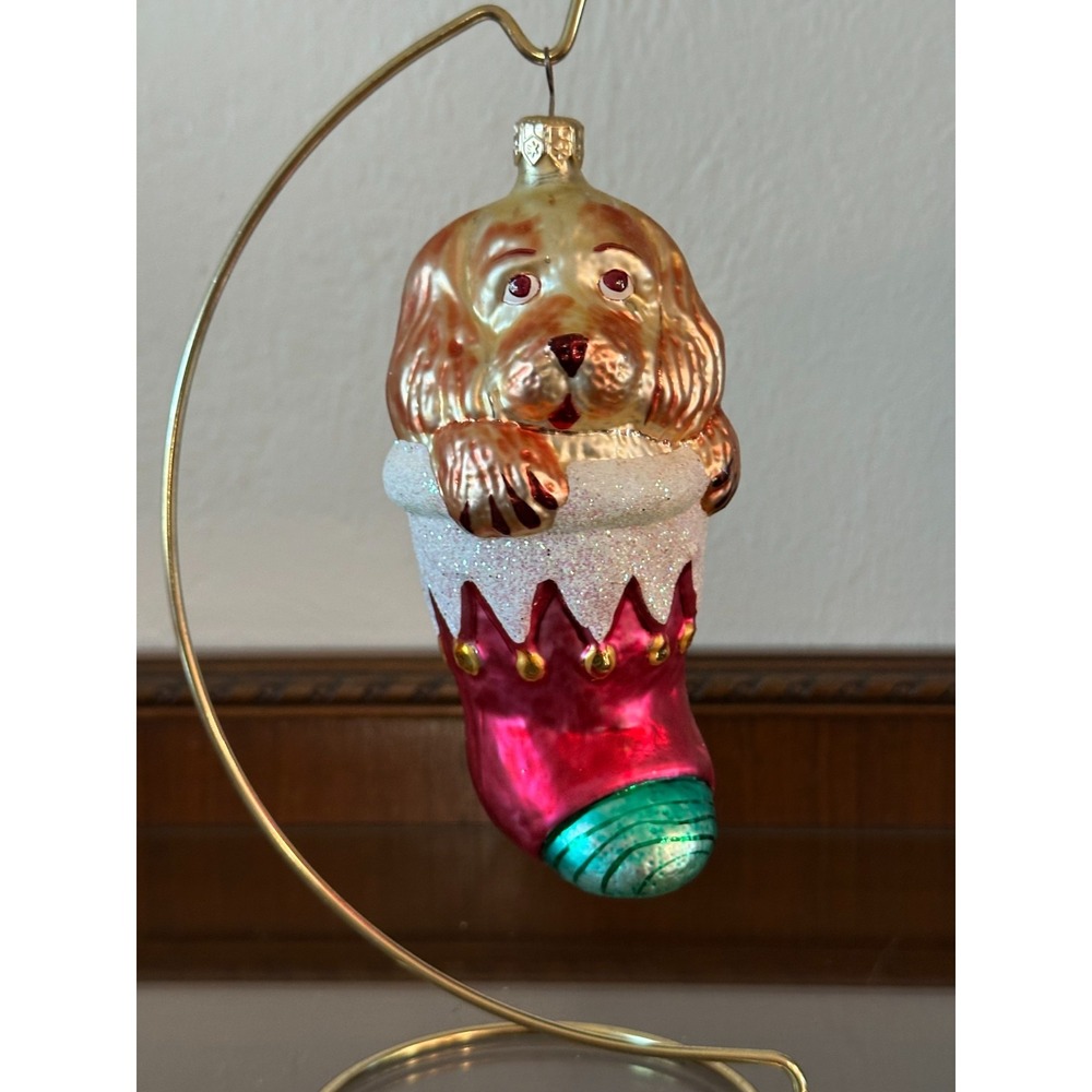 Vintage Christopher Radko 1995 Puppy Love Dog in Stocking Christmas Ornament